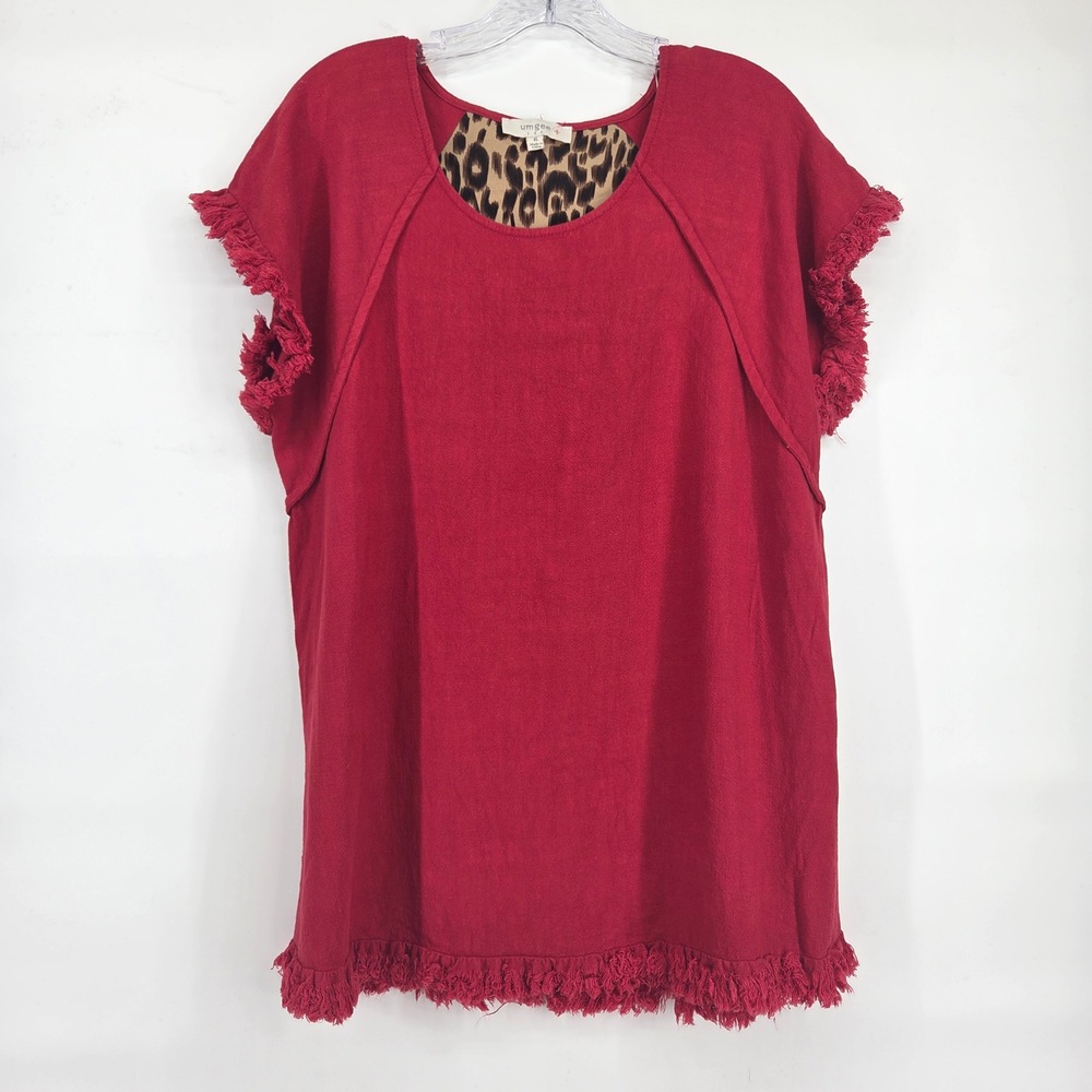Umgee Tunic Top XL Red Leopard Print Fringe Linen Blend Boho Eclectic